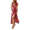 Mulheres Long Maxi Vestidos Verão Bohemian Sexy V-Pescoço De Manga Curta Floral Imprimir Vestido Feminino Praia Vintage Boho Vestido