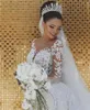 African Women Mermaid Wedding Dresses Luxury 2019 Illusion Long Sleeve Nigerian Lace Beaded Sequin Crystal Sheer Neckline Bridal Gowns
