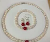 7-8MM white Akoya cultured pearls / red Jade bracelets 8''necklace18'' earrings set A026