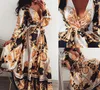 Kadın Parti Elbise Boho Şal Yaz V Yaka Uzun Elbise Tatil Maxi Gevşek Sundress Çiçek Baskı Uzun Kollu Elegante Elbiseler