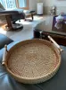 Rattan Storage Tray Round Basket with Handle Hand-Woven Rattan Tray Wicker Basket Bread Fruit Food Breakfast Display L248I