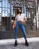 2019 frühling Frauen Kleidung Dunkelblau Streetwear Casual Hohe Taille Taste Vertikale Gestreiften Jeans Hosen Femme