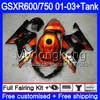 + Zbiornik dla SUZUKI GSX-R750 GSXR 750 600 K1 GSXR600 01 02 03 294HM.0 GSX R600 R750 GSXR-600 GSXR750 2001 2002 2003 owiewki połysk pomarańczowy czarny