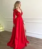 High Red Sexy Side Split Satin Applique Deep V Neck Prom Dresses Long Sleeves Floor Length Formal Evening Dress