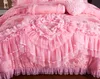 Pink Lace Princess Wedding Luxury Bedding Set King Queen Size Silk Cotton Stain Bed set Duvet Cover Bedspread Pillowcase T200326