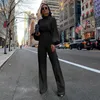 Nuovo 2019 Donna Autunno Elegante Moda Slim Fit Solid Skinny Casual Tute e tute da ufficio Look da lavoro Manica a lanterna Collo a lupetto Tute