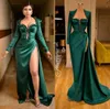 Plus Size Green Prom Dresses Sexy Udo Wysoki Split Długim Rękawem Suknie Wieczorowe Koronkowe Aplikacje Satynowe Runway Moda Suknie Ogstuff