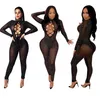 Gratis frakt Svart Rhinestone Body Suit Bodysuit New Fashion Design Sheer Long Bodycon Kvinnor Sexig Bodysuit Sheer Jumpsuit