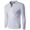 Bouton T-shirt hommes coupe ajustée à manches longues chemises solide T-shirt en lin T-shirt haut décontracté chemisier