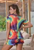 Femmes Ensembles Tie Dye Multicolore Deux Pièces Slim Outfit Set Basic Tshirt Shorts Tenues Décontractées Lounge Wear Femme Set1