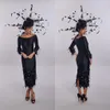 Sheath Black House of Mooshki Mother of the Bride Dress Jewel Neck Long Sleeve Feather Wedding Guest Dresss Tea Length Evening Gown Fear s