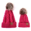 Chapeau tricoté Parent-enfant hiver chaud Imitation fourrure de raton laveur Pom chapeau bébé maman solide Pom Pom bonnet casquette de Ski casquettes tricotées