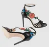 Fashion Design Women Top Brand Open Toe Flowers Decorated Stiletto Gold Black Ankle Strap High Heel Sandals Dress Shoes Heels 5 s