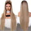 Stock 30inches long blonde lace frontal wig pre plucked with baby hair Straight ombre synthetic Full Lace Front Wigs for women