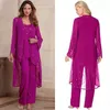 Plus Size Fuchsia Mother Of Bride Pant Suit Three Pieces Chiffon Mother Formal Wear Beaded Special Occasion Mothers Pantsuit With Jacket