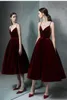 Burbundy Velour Vintage Tea Length Short Wedding Dress Spaghetti Straps V Neck Non White Dark Red Low Back Outdoor Bridal Gowns