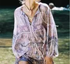 Vintage Chic Moda Kobiety Czeski Kwiatowy Drukowane V-Neck Lace-Up Rayon Boho Bluzki Koszule Długie Rękaw Koszulki Kobiet Blusas T200321