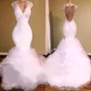 Robes de mariée sirène blanche avec col en V dentelle appliques cristal perlé sexy dos transparent robes de mariée robe de soirée de mariage gonflée