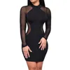 Sexy vrouwen jurk kijken door mesh bandage bodycon lange mouw vrouwen kleding avond sexy party clubwear mini skinny jurk