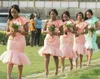 2020の短いピンクのアフリカの花嫁介添人のためのドレスのための1つの肩の国のレースのアップリケ膝の長さと100歳未満のメイド名誉ガウン
