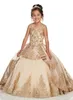 골드 Applique 레이스 샴페인 소녀 미인 드레스 2020 모자 슬리브 보석 페르시 크리스탈 첫 번째 친교 꽃 여자 드레스 BC2500