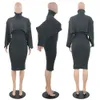 Mulheres 2 peças vestido Set camisola de malha Conjuntos cor sólida mangas Bodycon Midi Vestido Turtleneck pulôver Set