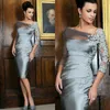 Vintage Mother of the Bride Dresses Mante 3 4 Sleeve Bateau Neck Formell aftonklänningar Tea längd Silver Tafta Mother Groom Dres227U