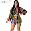 Haoyuan Striped Plus Size 2 Two Piece Set Puff Sleeve Crop Top And Biker Shorts Sexy Club Summer Outfits For Women Matching Sets Y19062601