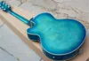 Jazz Semi-hollow Double F Hole Light Blue Electric Guitar HH Pickups,Bigby Bridge and Chrome Hardwares,Special Fret,Rosewood Fretboard.