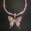 ICED OUT Pink Butterfly Necklace Pendant with Tennis Chain Micro Paved Cubic Zircon Mens Hip Hop Jewelry Gift