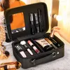 Borsa per trucco da viaggio in pelle di lusso Specchio Piccola custodia per trucco femminile Organizer Borsa per cosmetici a doppio strato per scatola di immagazzinaggio della valigia