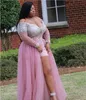 Sexy Big Bust Bling Plus Size Robe Soirre Langes Abendkleid für dicke Frauen Afrikanisches Durchsichtiges Langarm-Partykleid mit hohem Schlitz