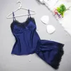 Weibliche sexy pamas set satin spitzen Patchwork gegen Nacken Spaghetti -Gurt ärmellose Tops Shorts Sommer Herbst Home Wear Pamas