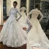 Vintage manches longues robes de mariée à col de luxe Applique dentelle balayage train Une ligne Boutons couverts Retour mariage robe de mariée 2020