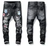 Einzigartige Herren-Jeans mit Bandeinsätzen, schmale schwarze Jeans, modische, schmale Passform, verwaschene Motorrad-Denim-Hose, Patches, Hip-Hop-Hose