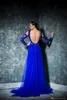 Üst etek İnciler Pullu Aplike Boncuk Uzun Kollu Ünlü Resmi elbise Prom Parti Elbise ile Seksi Royal Blue Mermaid Abiye