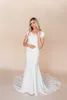 Simple Stretch Crepe Mermaid Modest Wedding Dress With Cap Sleeves V Neck Corset Back Simple Modest Wedding Gowns With Short Sleeves Bridal