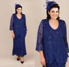 Sexy New elegante Royal Blue Mãe Off Noiva Vestidos V Neck completa Lace Com Jacket mangas compridas Plus Size Ankel Comprimento Vestidos de Clientes