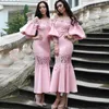 Elegant Pink Bridesmaid Dresses Bateau Long Lantern Sleeves Sheath Evening Gowns With Lace Applique Ankle-Length Custom Made Formal Dresses