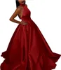 Elegancki Robe De Soiree Muzułmańskie Kobiety A-Line Halter Floor Długość Długa Żółta Suknia Wieczorowa Z Kieszenie Vestido De Festa Sexy Satin Prom Suknie