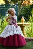 Princesse Première Sainte Communion Robes Dentelle Blanche Brodée Bordeaux Tulle Col Rond À Lacets Robe D'anniversaire Pour Enfants Robe De Fille De Fleur