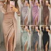 UK Womens Cocktail Party Long Sleeve BodyCon Clubwear Long Split Dress Size Sexy Night Club Fashionable Set Auger Round Collar Win6492502