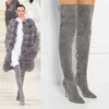 Стильный дизайнер женщин бедра высокие сапоги мода острым носом шпильки каблуки зима 10 см насос обувь три цвета стрейч Леди загрузки