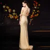 High Neck Front Slit Champagne Evening Dresses Robe Longue Luxury Crystal Sexy Mermaid Prom Dresses