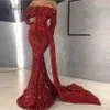 Sparkle Rose Red Sequined Mermaid Evening Dresses Strapless Långärmad Full Sleeves Off The Shoulder Long Prom Gowns Sexig formell klänning