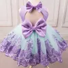 New Princess Blue e Purple Breve Flower Girl Dress Abito in pizzo Applique Abito da ballo Abito da compleanno Festa festeggiamento Polffy Abito con grande fiocco