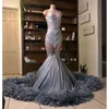 Luxuriöse Kristallperlen Federkleider Abendkleidung sehen, obwohl Körper juwelafrikanisches schwarzes Mädchen -Kleid lange Roben de Soir￩e Party Festzug