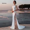 Saten Dantel Gelinlik Mermaid O-Boyun See-through Gelinlikler Beach Kolsuz Zarif Parti Elbiseler Boho