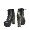 Punk Style Black Leather Spikes Lace Up Platform Ankel Boots Round Toe Chunky Heels Party Club High Heels Short Boots Skor