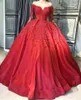 Plus Elegant Red Size Ball Gown Quinceanera Long Sleeve Prom Dresses with Pearls Lace Applique Formal Dress Evening Gowns s